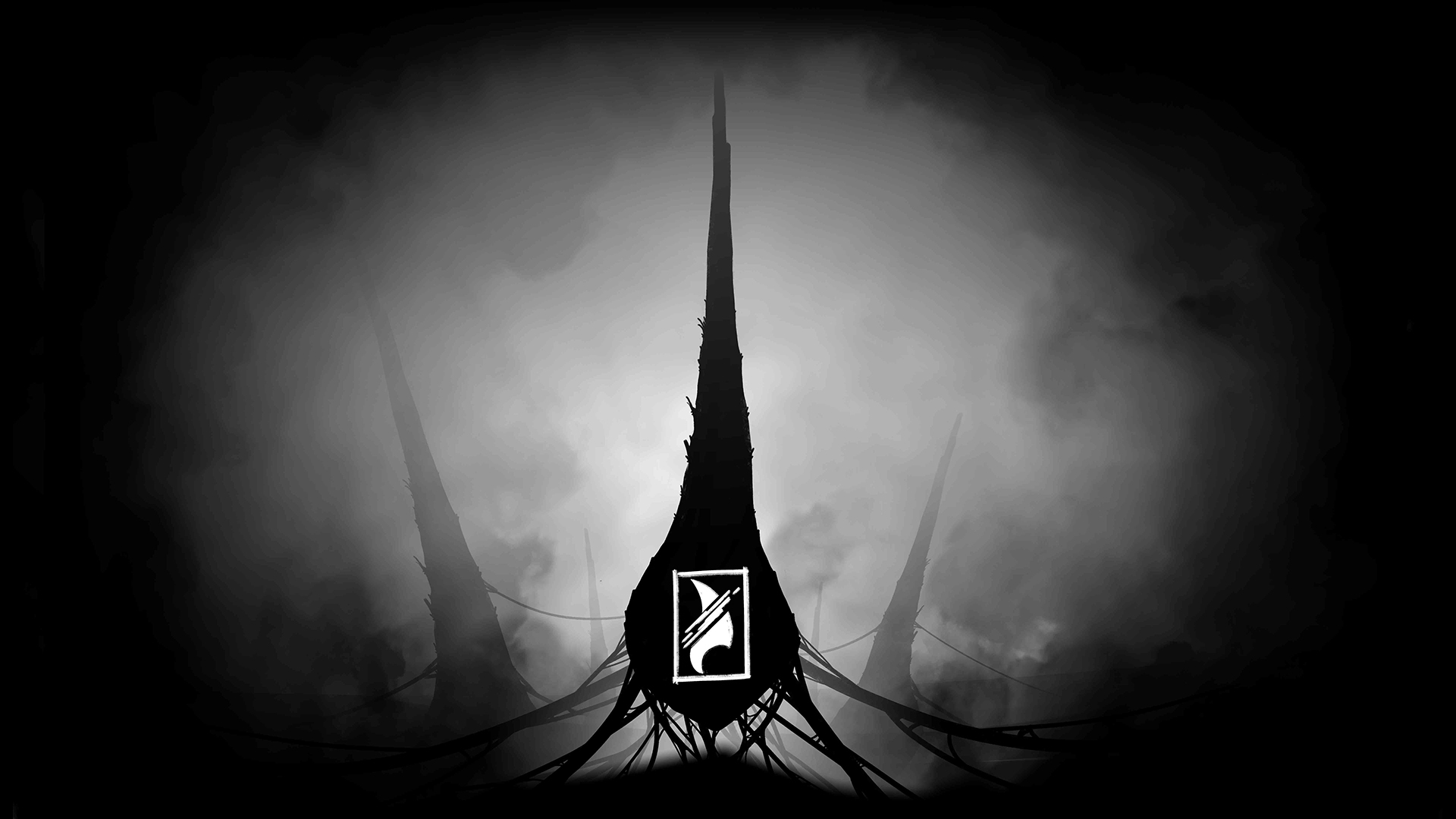 Early concept art showing the "infection" in a grand state with the Ember Glitch logo embedded, black and white image