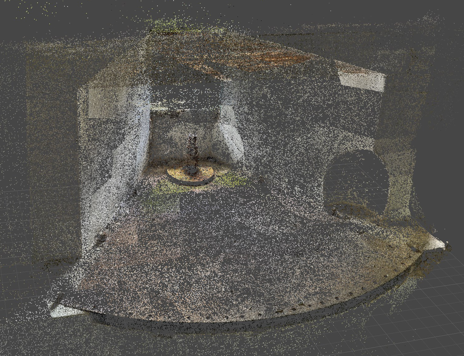 3D point cloud rendering of an indoor space at Fort bij Nigtevecht, featuring a round platform, curved wall, and scattered colored data points.