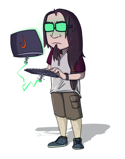 A cartoon version of Jesse programming at a sci-fi work station