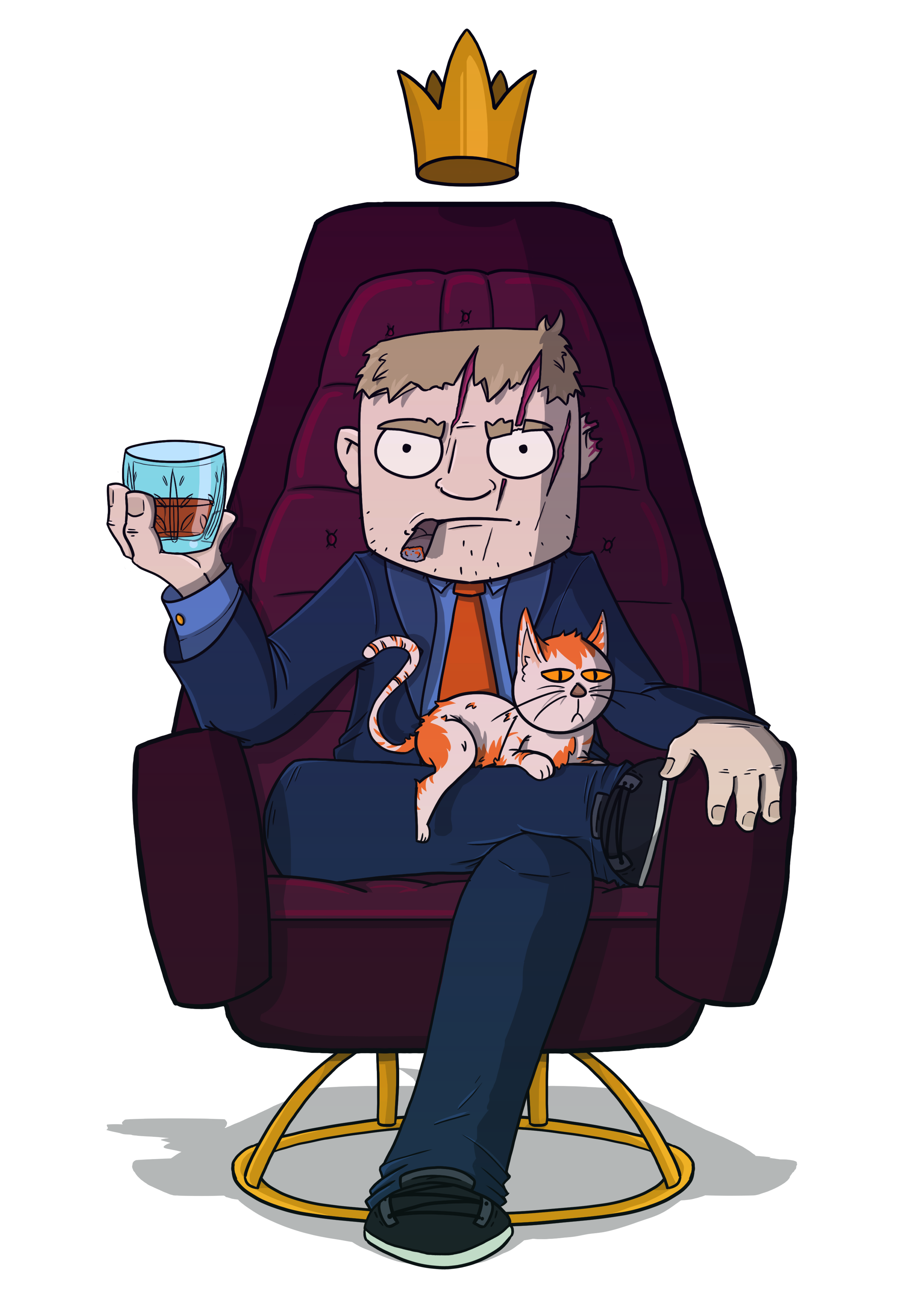 A cartoon drawing of Quint vrolijk as a big boss sitting in a chair